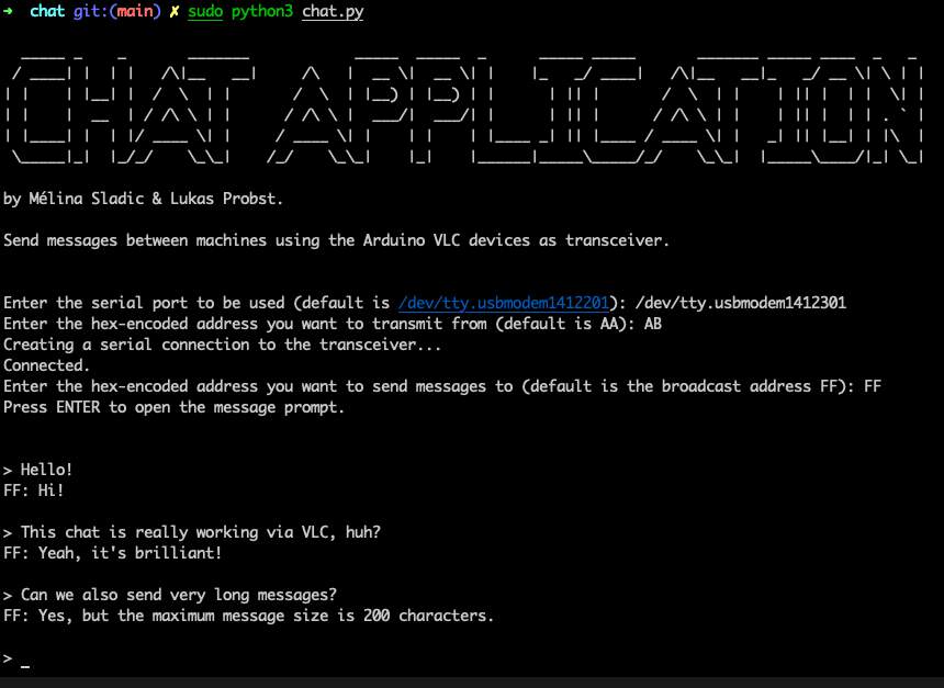 Terminal preview of the visible-light chat application
