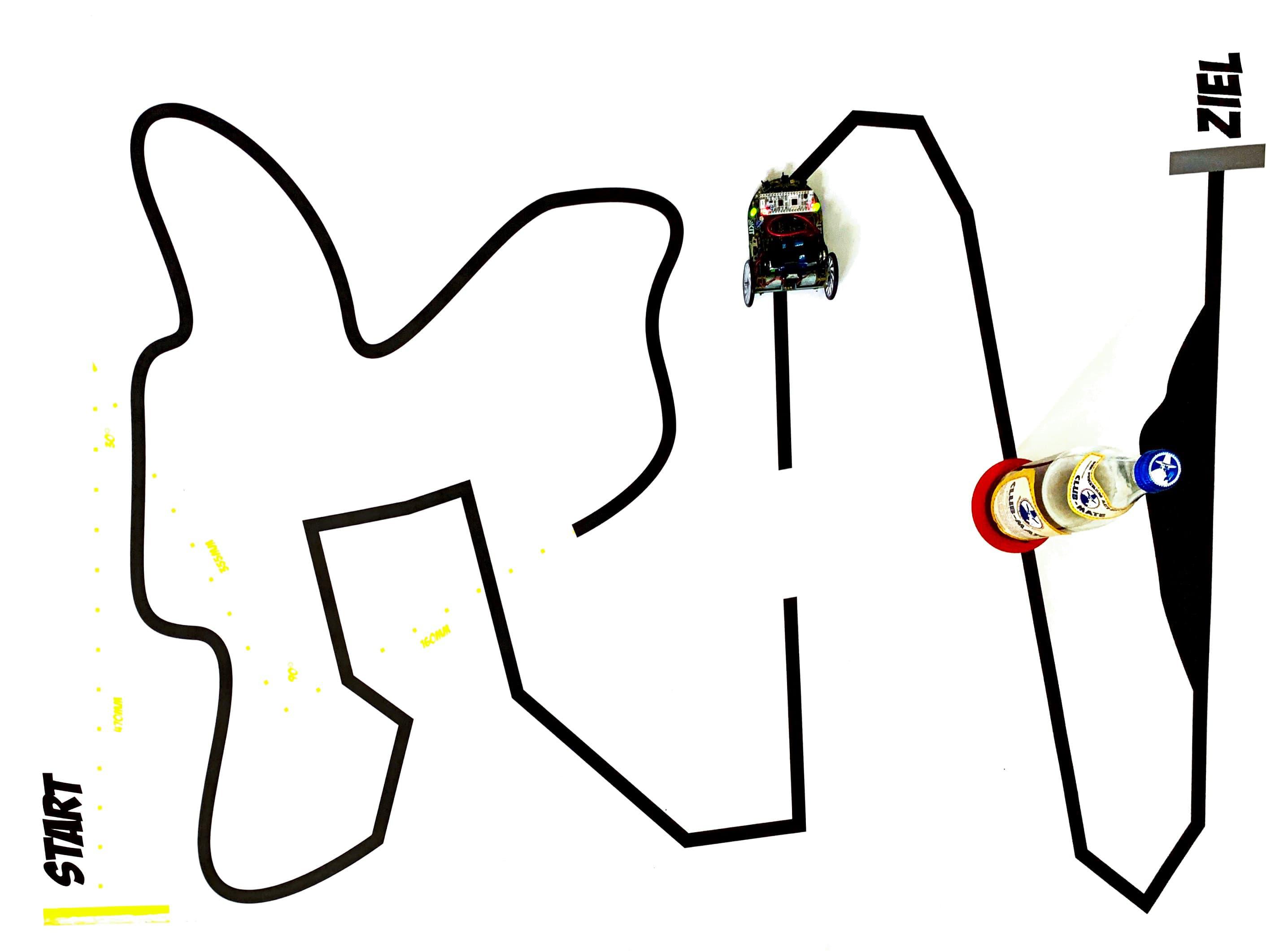 Self-built mobile robot navigating a marked obstacle course